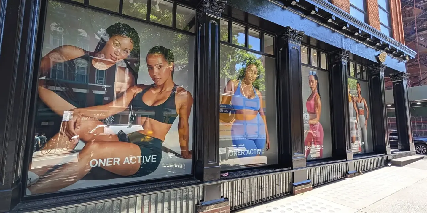 Oner Active women's activewear store window display in New York