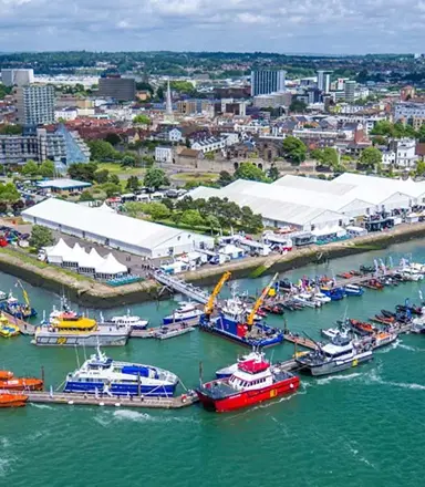 Aerial view of the Seawork Expo showground in Southampton