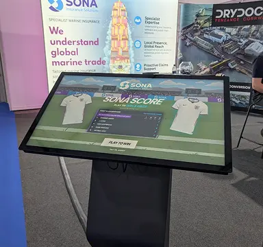 Sona Score penalty shootout game on the stand touchscreen kiosk