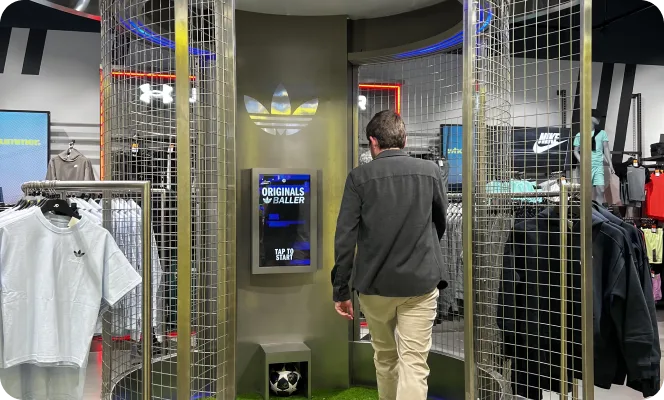 Player stepping into the game cage as the tap-to-start screen lights up