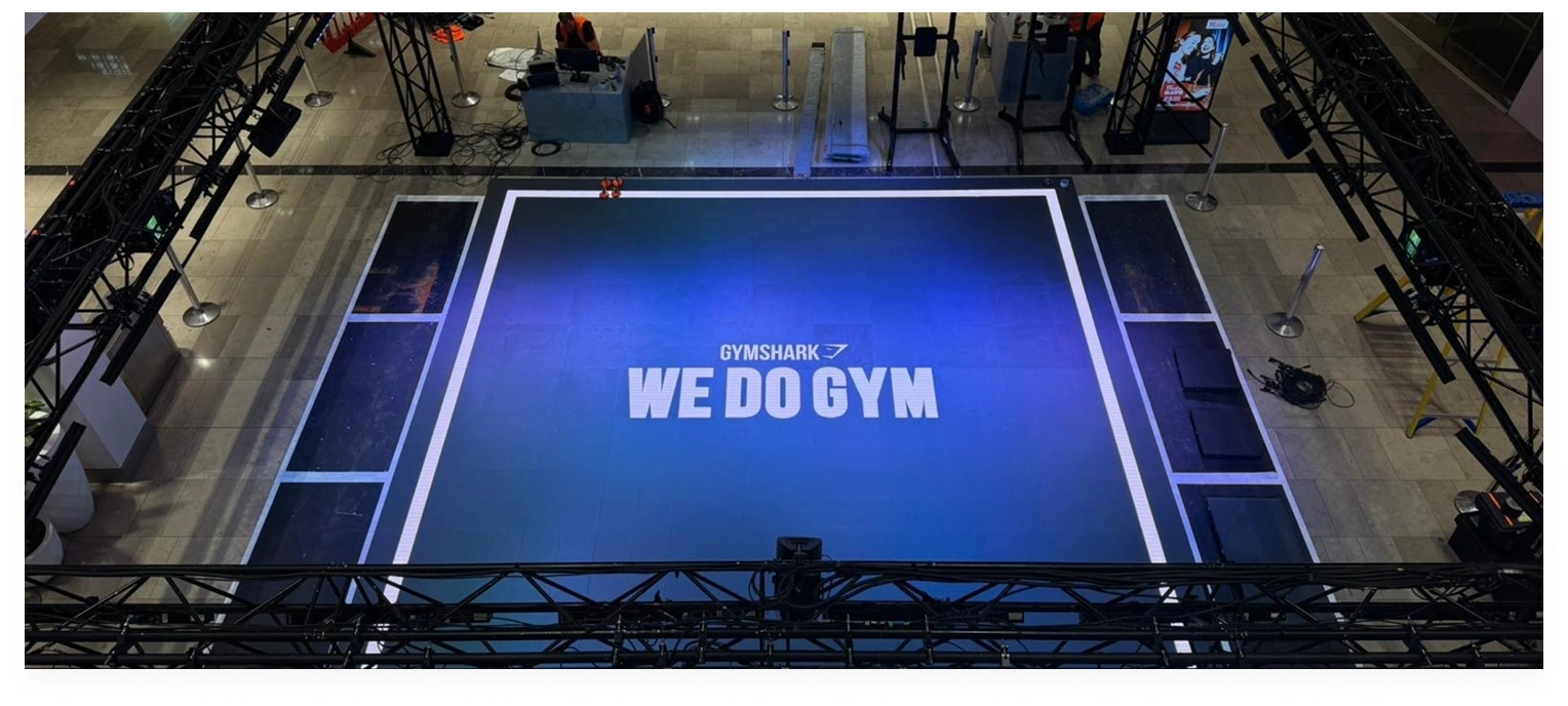 Overhead view of an interactive gym floor display